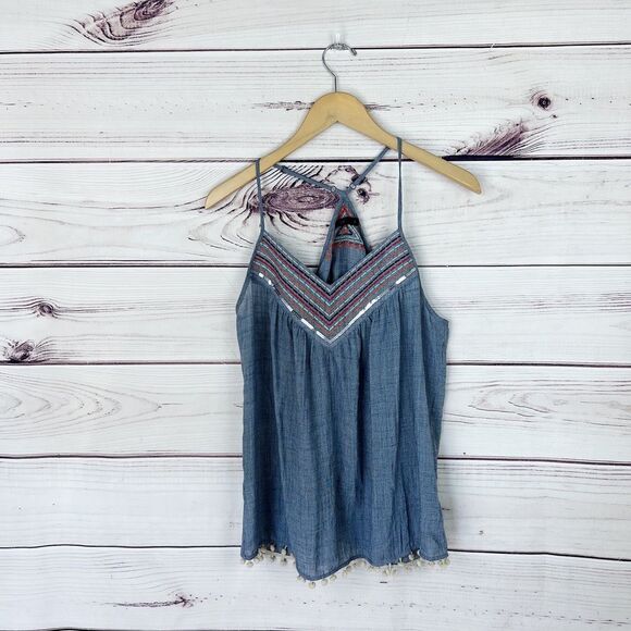 THML ✨Anthropologie✨ Blue Embroidered Tassel Top Sz Large - Picture 2 of 6